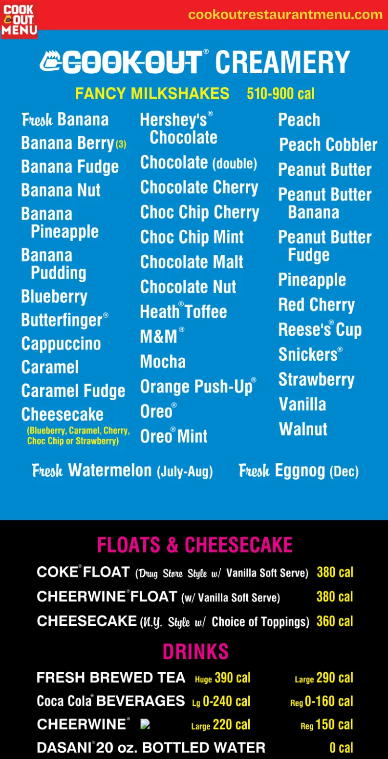 Cook Out Milkshake Flavors Menu